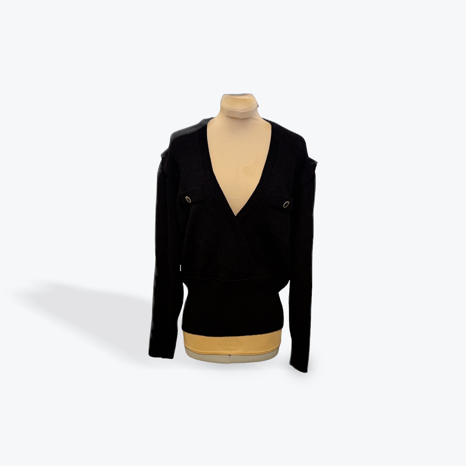 St John Marie Gray Black Santana Knit Wrap V-Neck Sweater Size 14